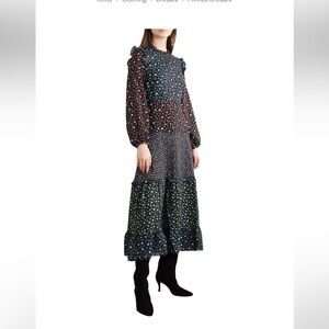 RIXO Billie Dress High Neck Long Sleeve Tiered Polka Dot Maxi